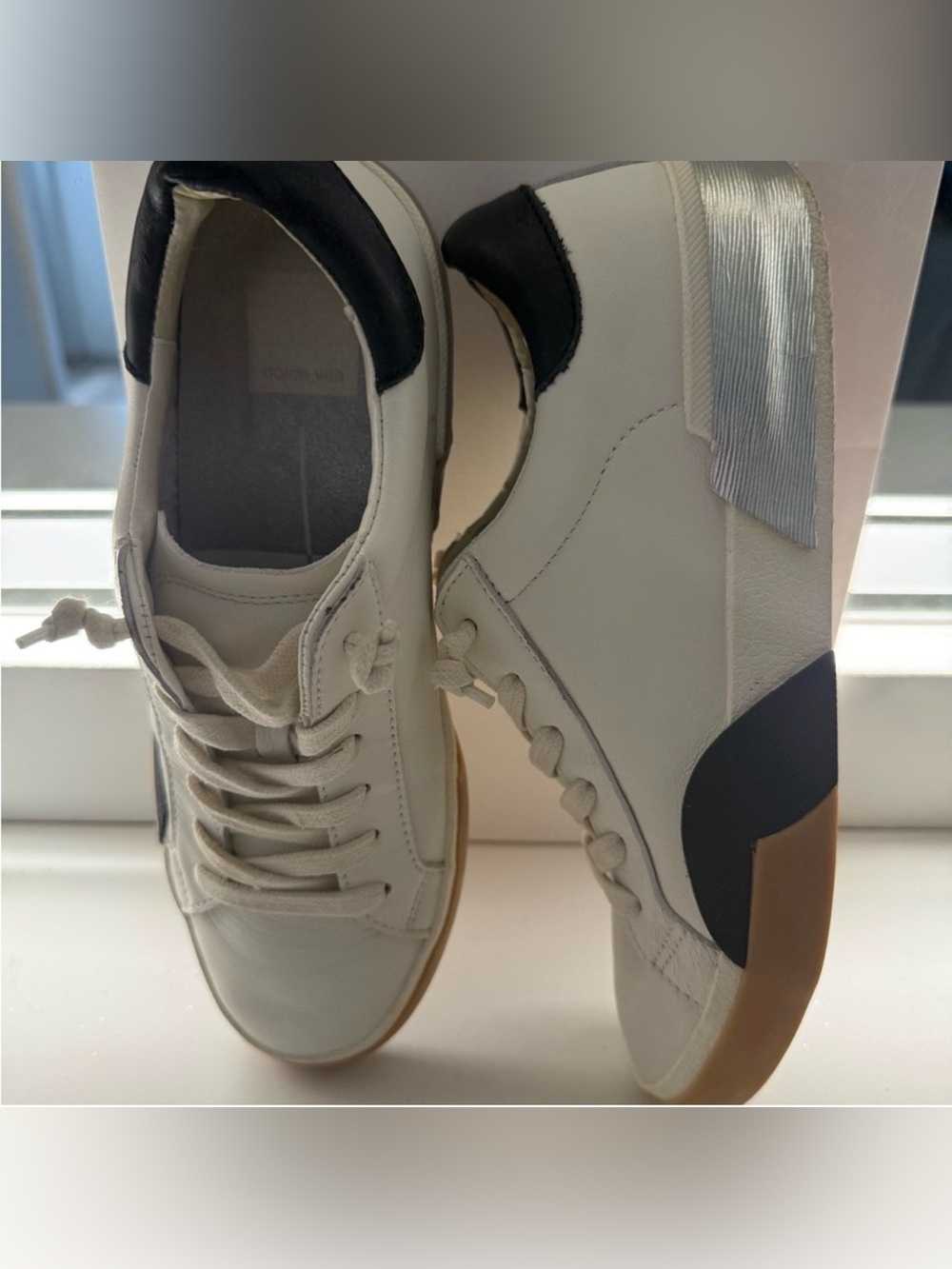 Dolce Vita White Leather Sneakers with Black and Tan Accents
